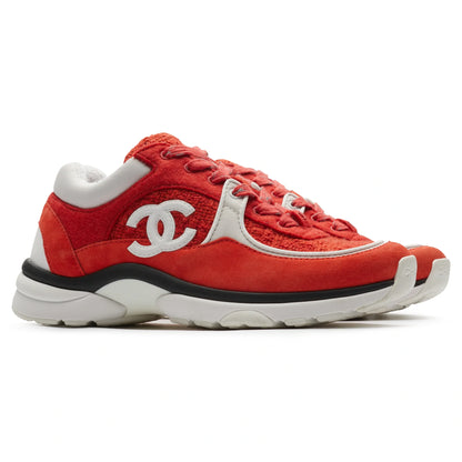 Chanel CC Logo Suede Red Tweed Sneaker