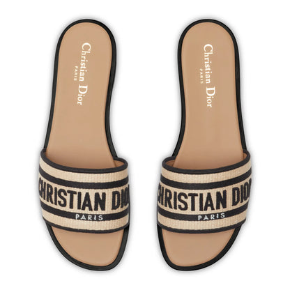 Dior Dway Embroidered Cotton Beige Black Slides