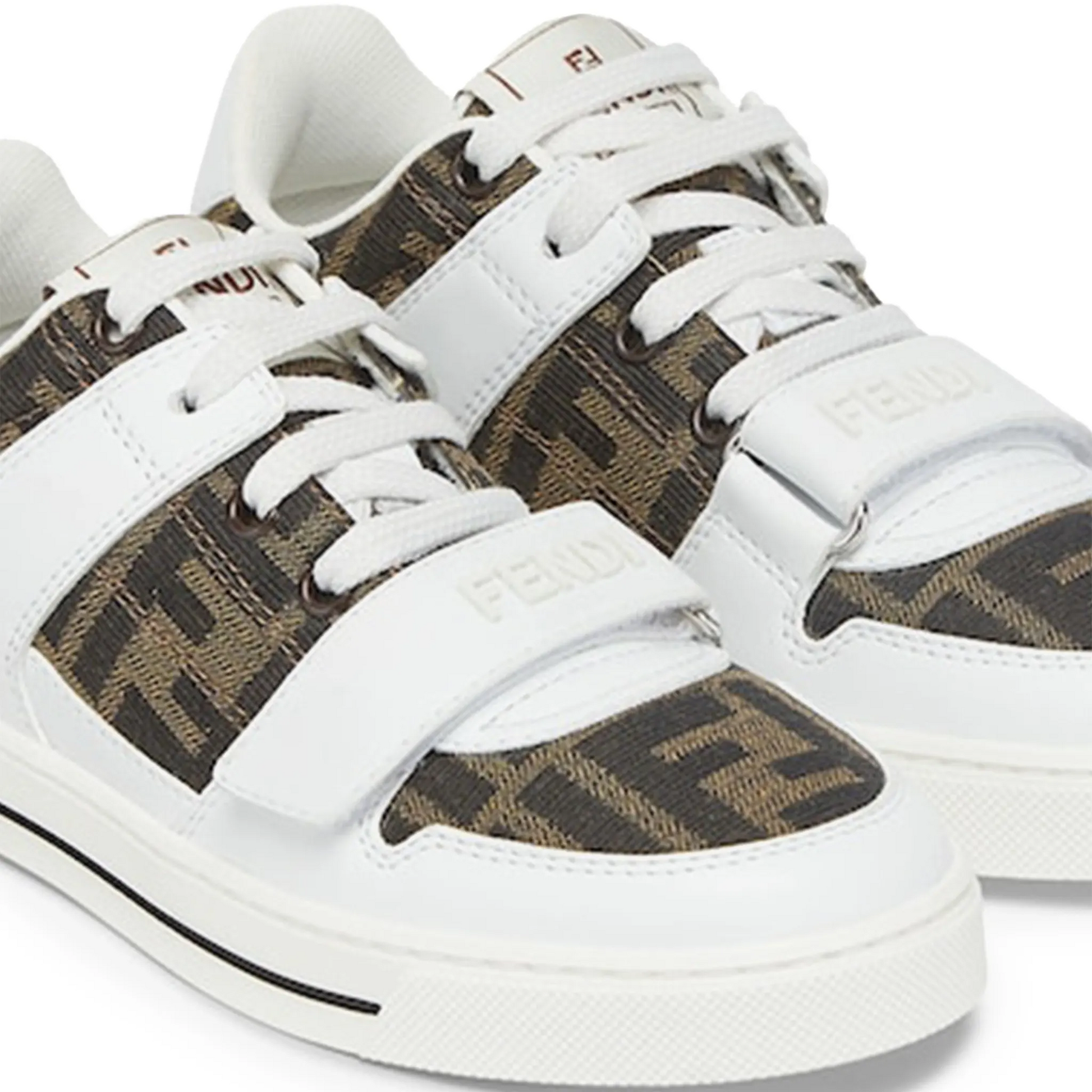 Fendi Kids Leather Jacquard Logo White Trainers