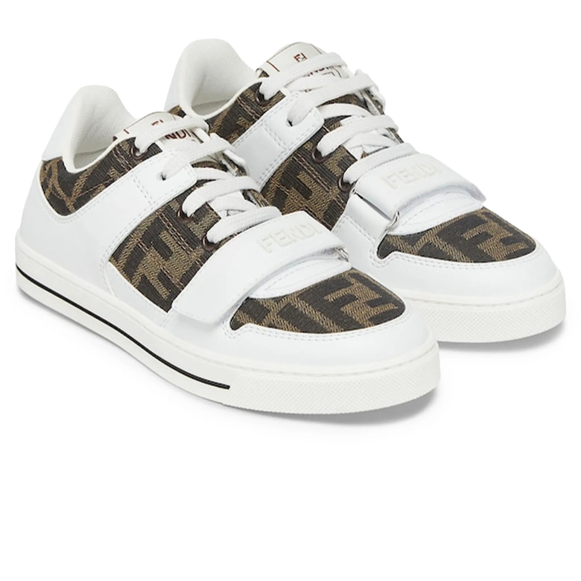 Fendi Kids Leather Jacquard Logo White Trainers
