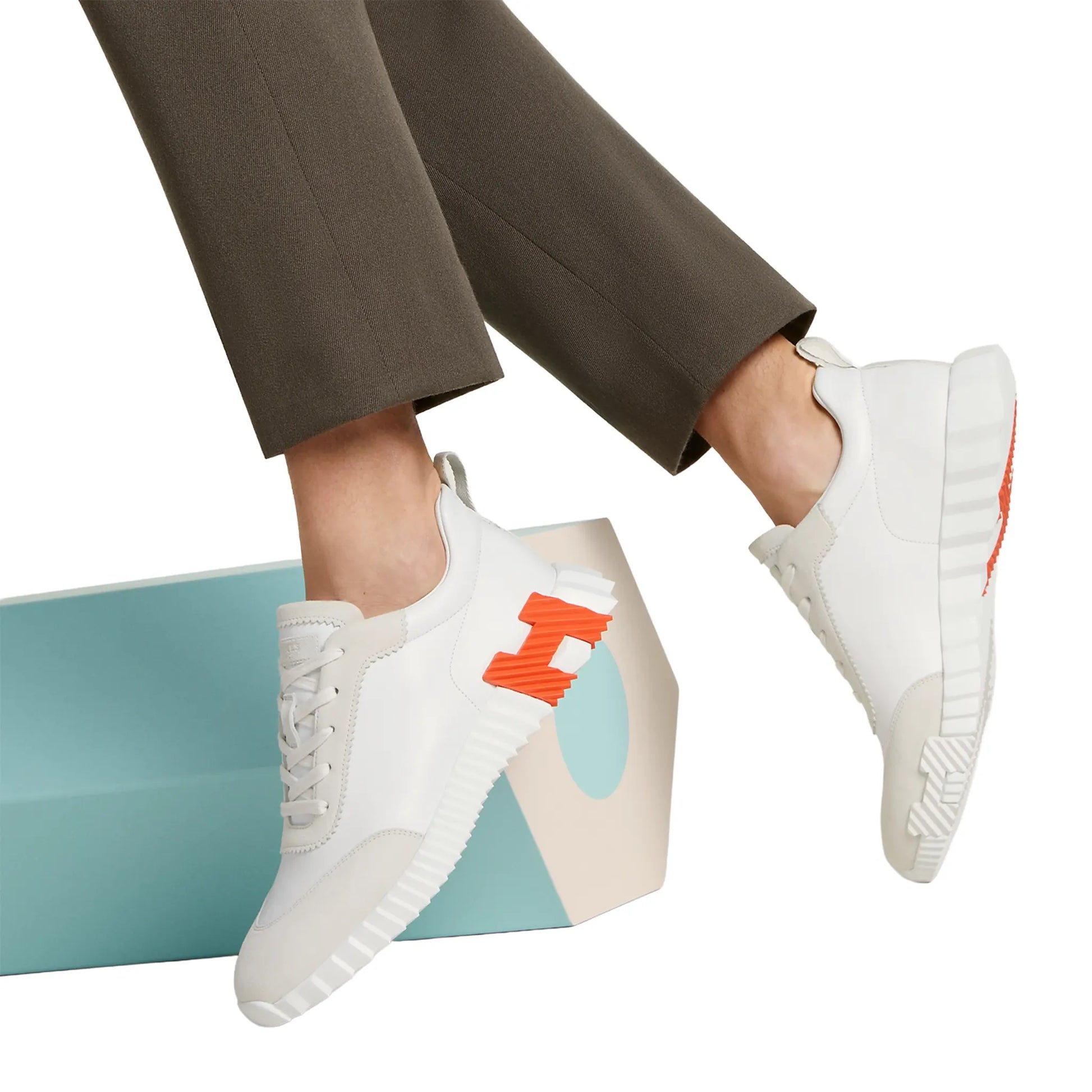 Hermès Paris Bouncing Calf Sneaker White Orange