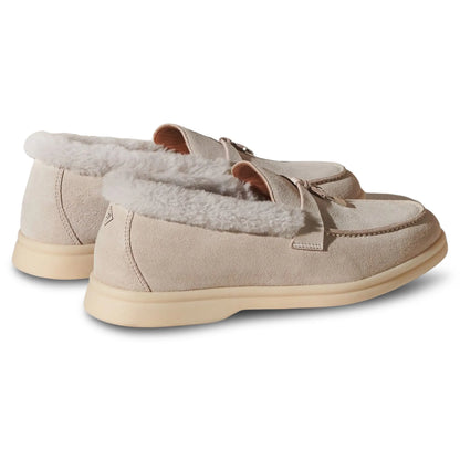 Loro Piana Summer Charms Walk Suede With Beaver Fur Pearl Powder Loafers
