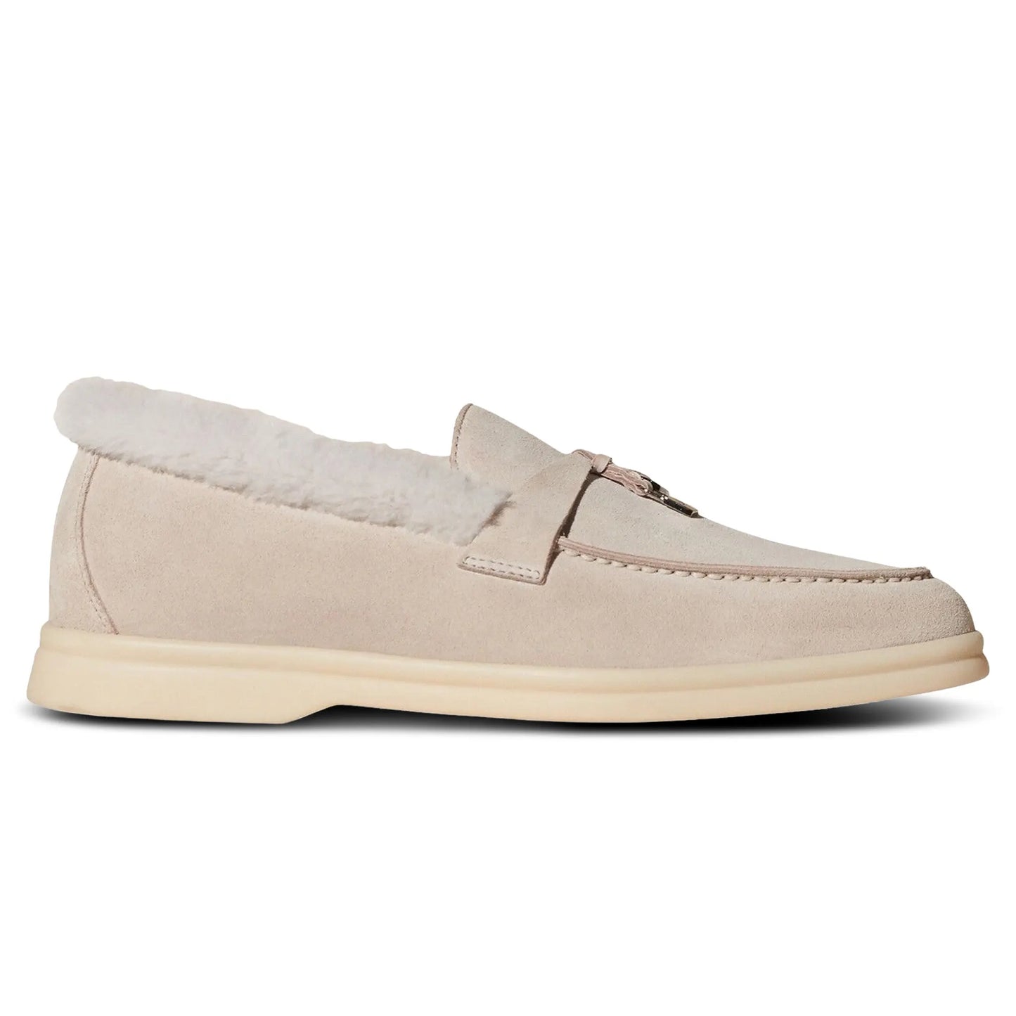 Loro Piana Summer Charms Walk Suede With Beaver Fur Pearl Powder Loafers