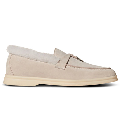 Loro Piana Summer Charms Walk Suede With Beaver Fur Pearl Powder Loafers
